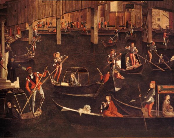 Gondoliers on the Grand Canal, detail from The Miracle of the Relic of the True Cross on the Rialto Bridge (detail), 1494