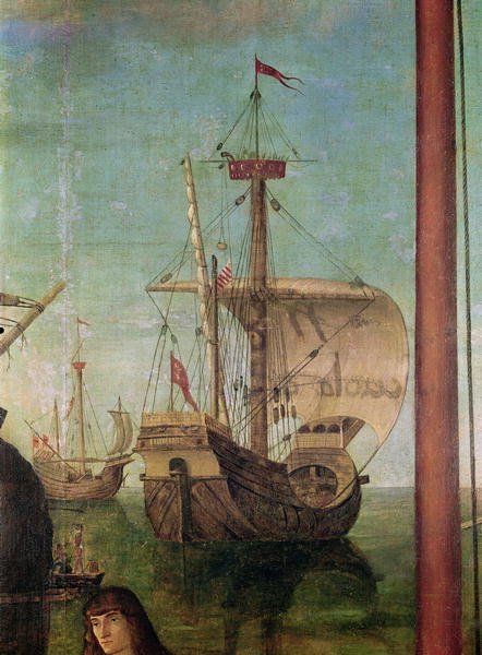 The Meeting and Departure of the Betrothed, from the St. Ursula Cycle, detail of a ship, 1490-96