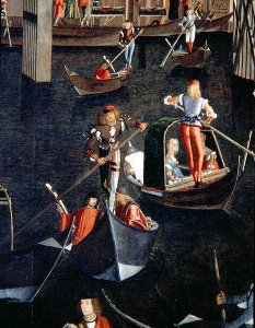 Gondoliers on the Grand Canal, detail from The Miracle of the Relic of the True Cross on the Rialto Bridge, 1494