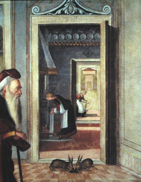 The Birth of the Virgin, detail of servants in the background, 1504-08