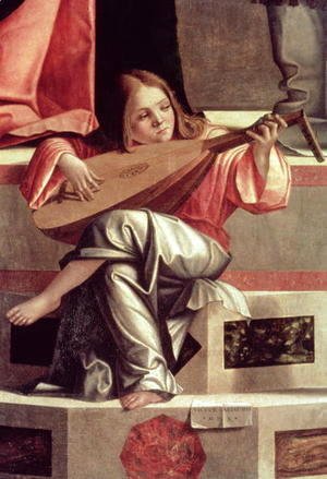 Vittore Carpaccio - Minstrel angel playing a lute, detail from The Presentation of Jesus in the Temple, 1510 (detail)